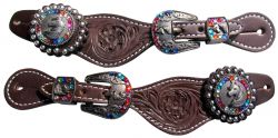 Showman Youth leather spur straps with floral tooling and unicorn conchos